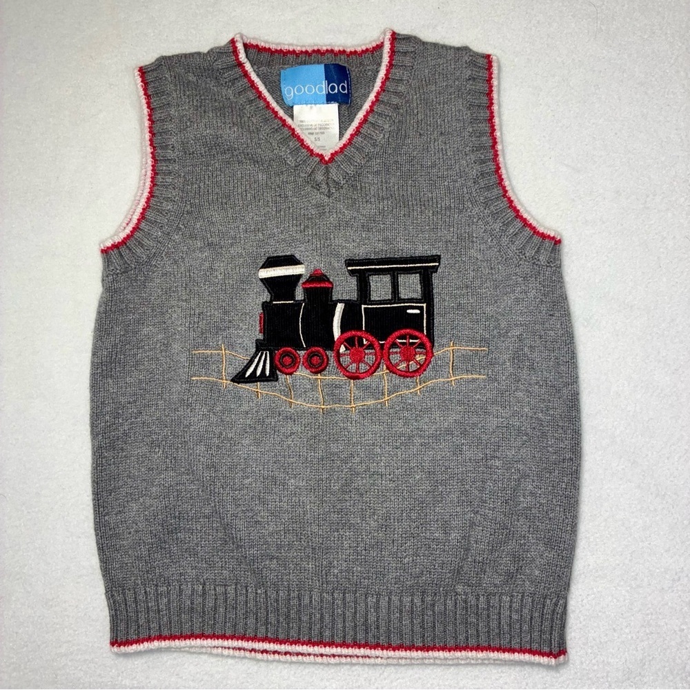 Good Lad Choo Choo Train Boys Sweater Vest w/ Embroidered Train Size 5 Gray